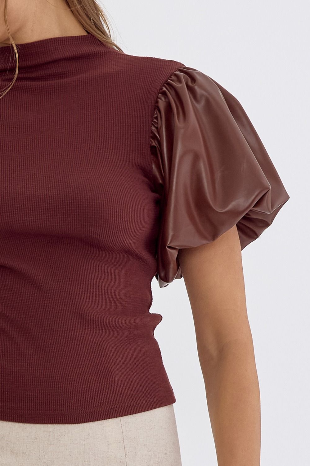Uptown Charm~ Chocolate Waffle Knit Leather Puff Sleeve Blouse~Entro