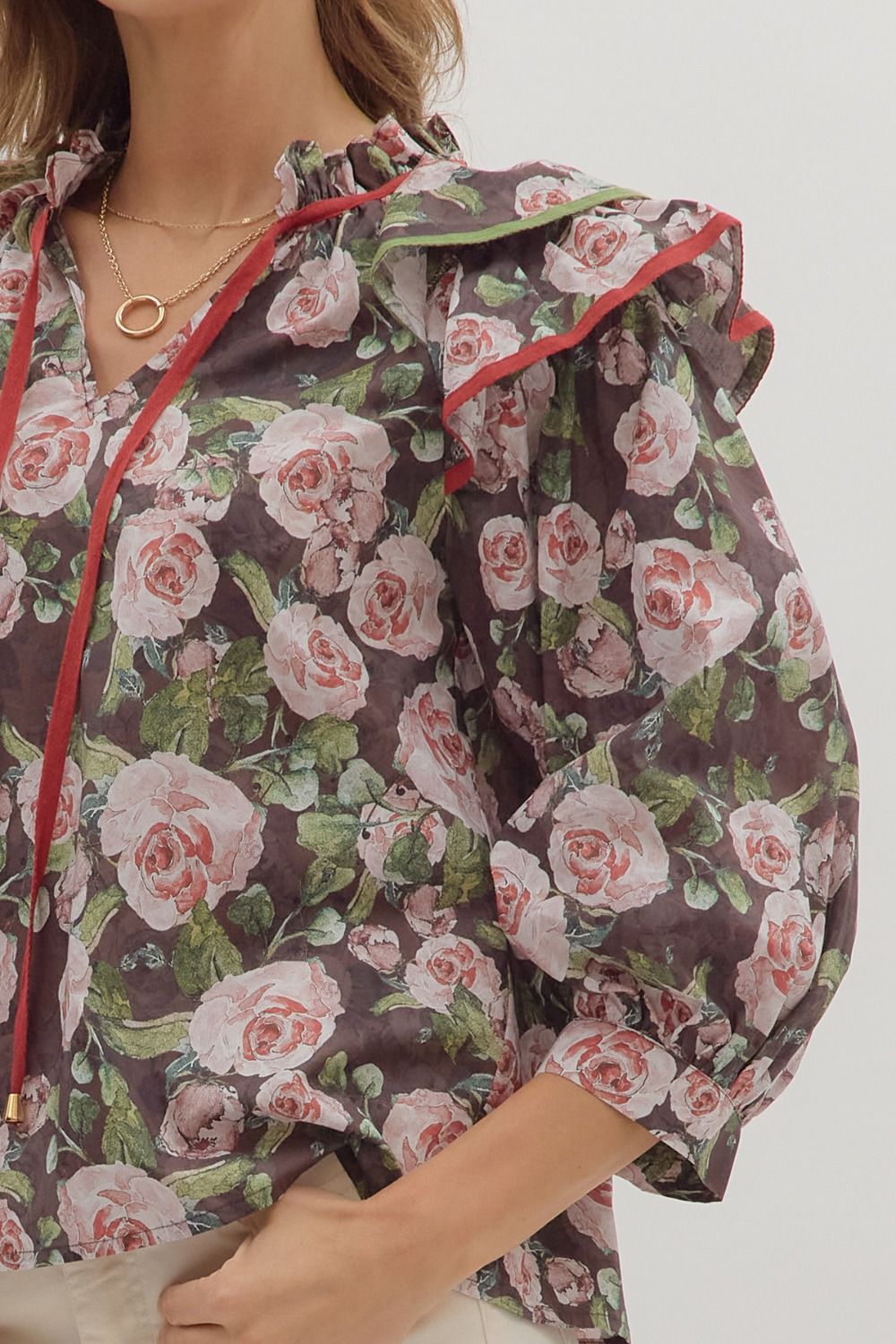 Brown Floral Ruffle Blouse