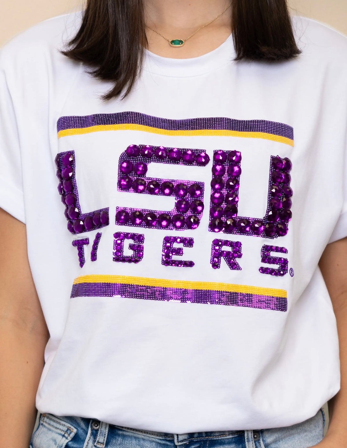 | Lsu Tigers (Licensed) | Women's Sequin + Jewel Design Cuff Sleeve (White)~Bomb Designs💜