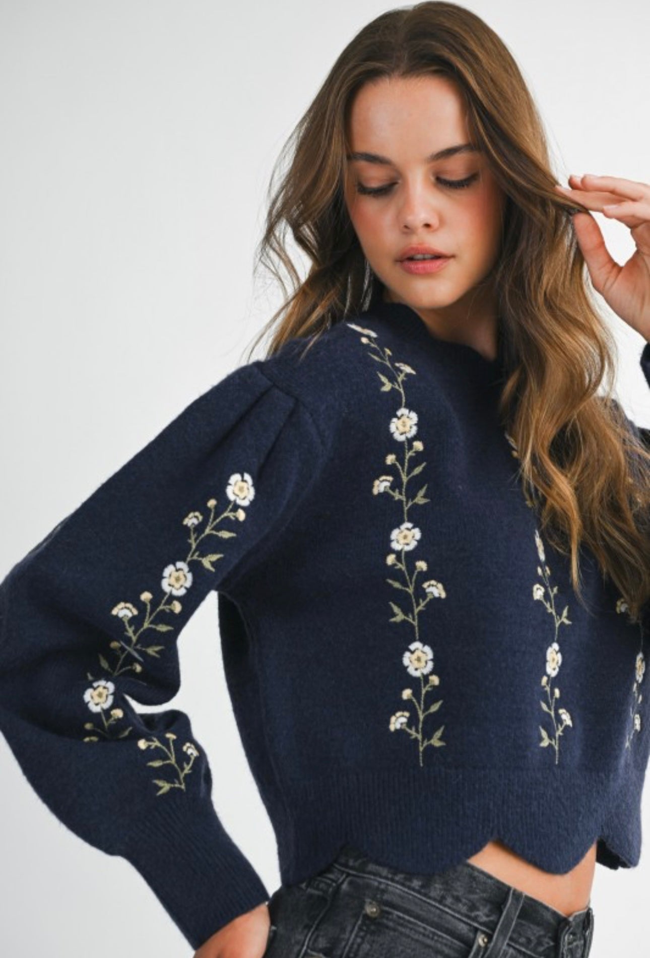Southern Charm Embroidered Knit Sweater Navy