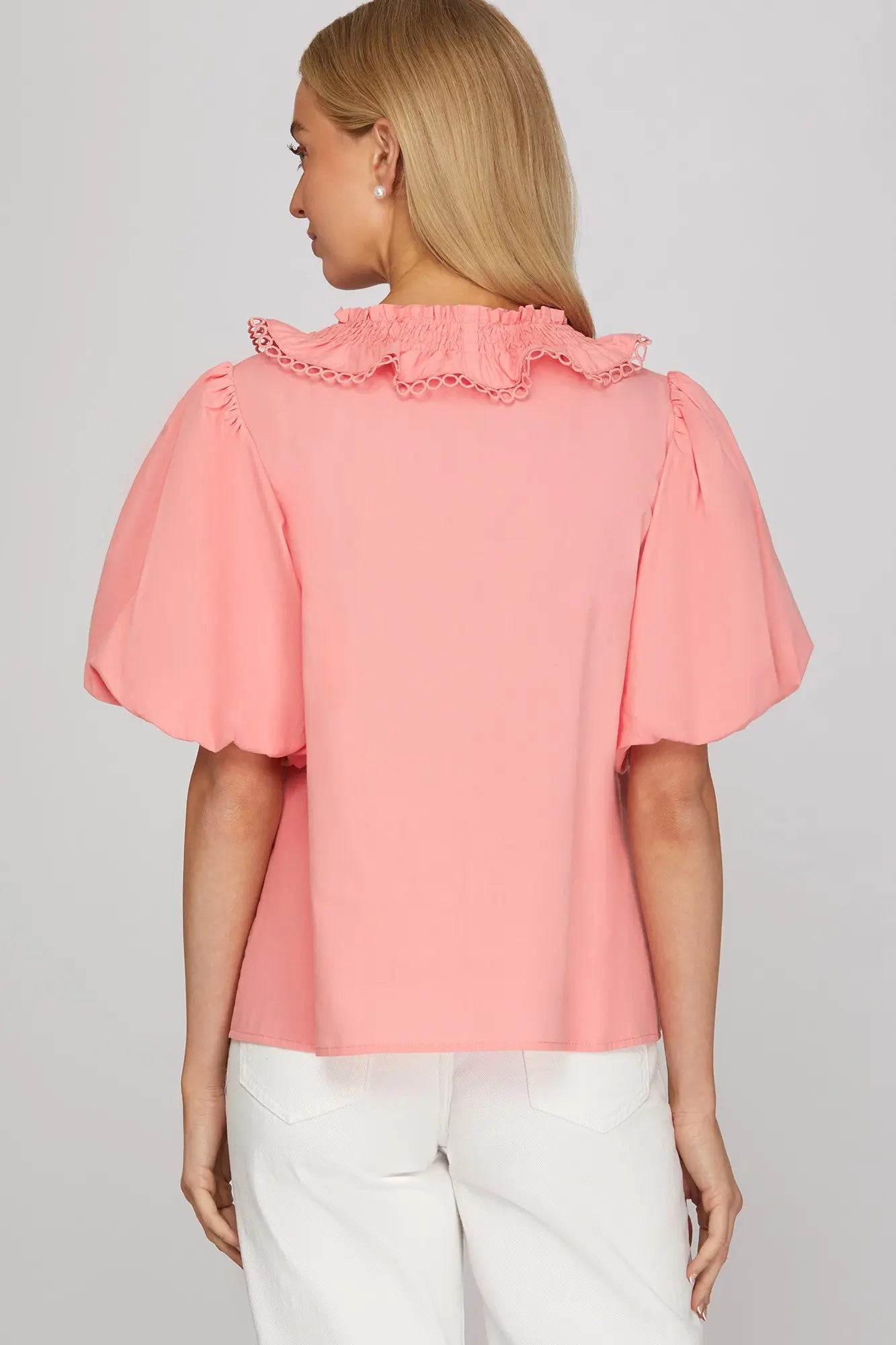 Smocked lace Ruffle Hem Blouse- Bubblegum