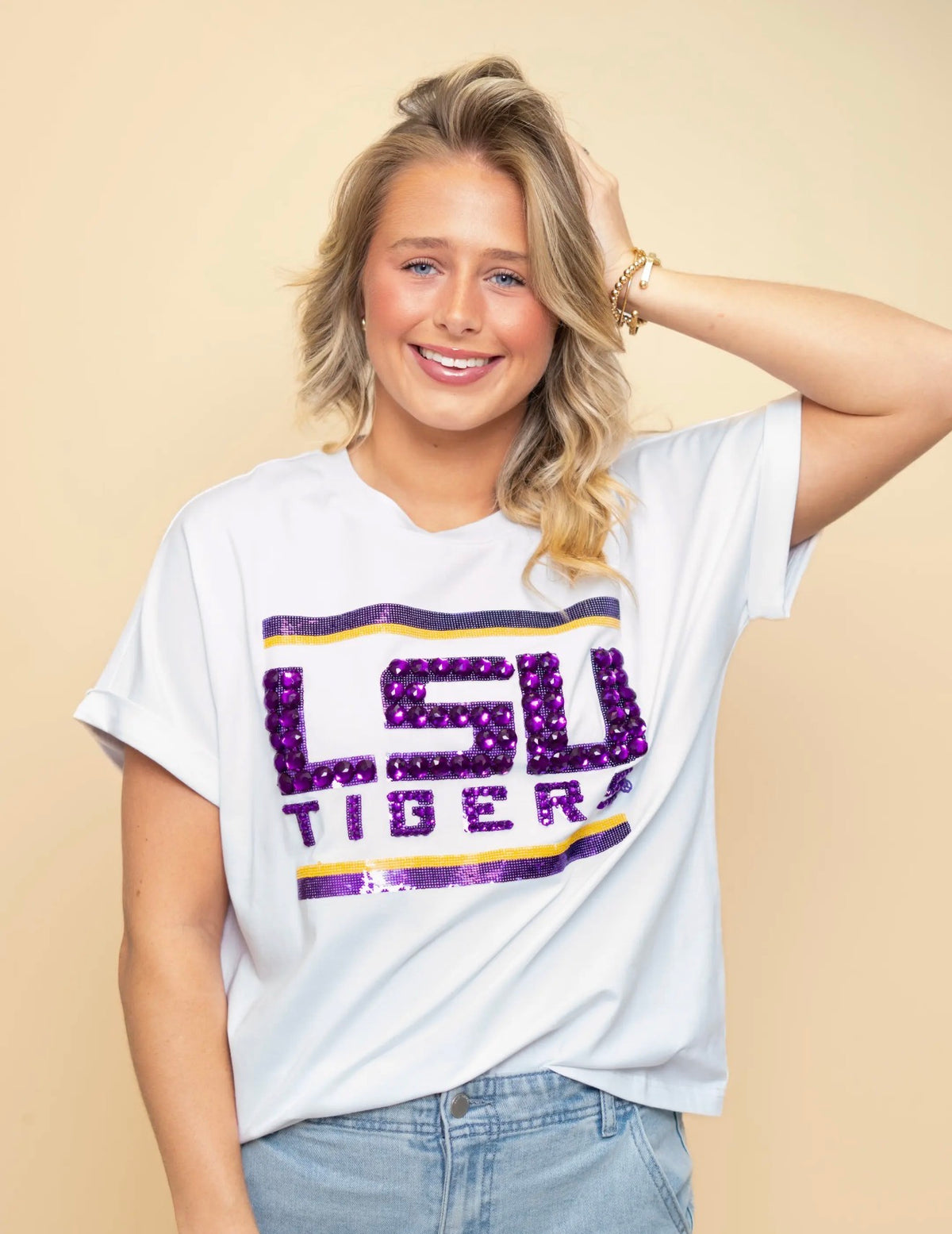 | Lsu Tigers (Licensed) | Women's Sequin + Jewel Design Cuff Sleeve (White)~Bomb Designs💜