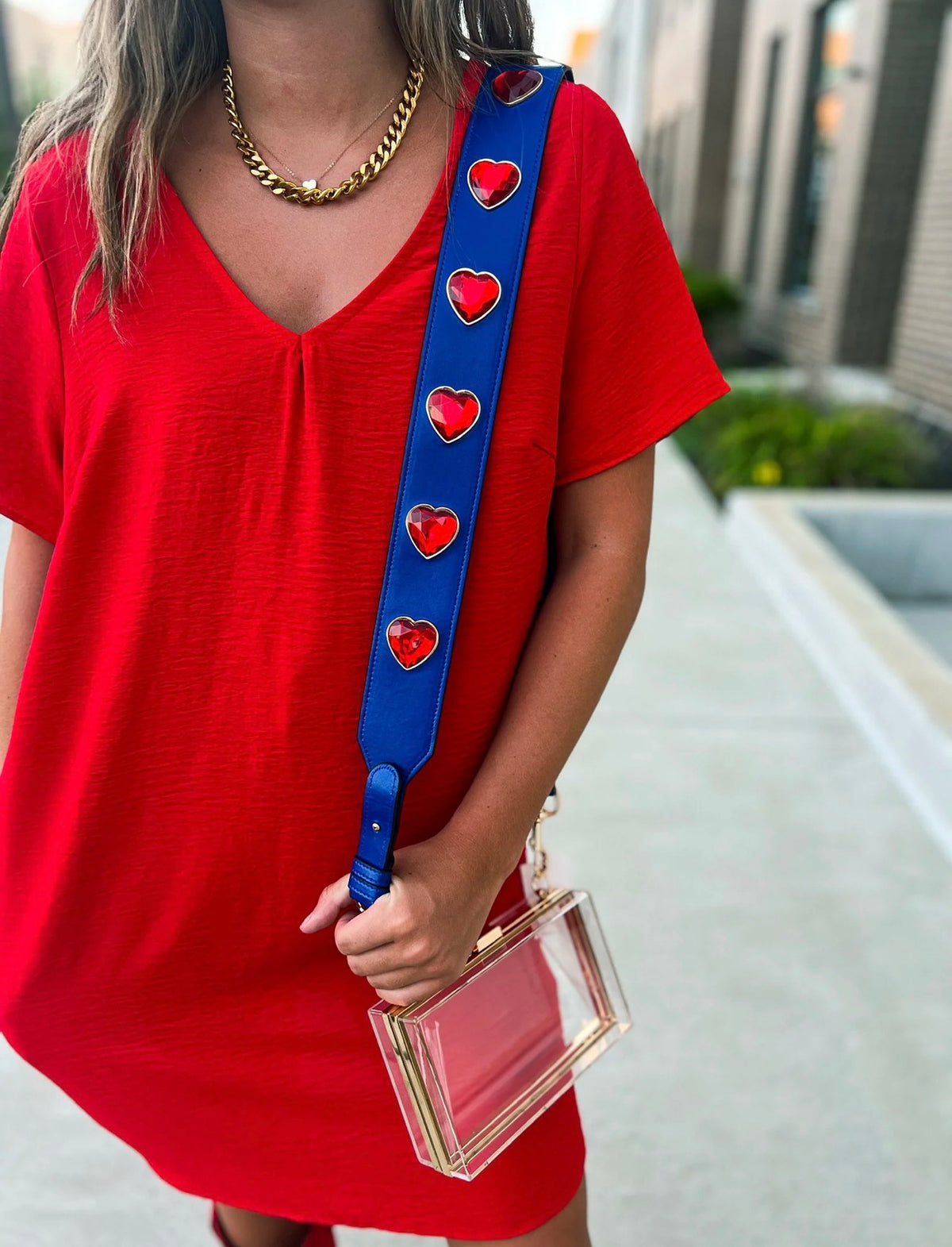 Crystal Heart Gameday Purse Strap |
Rhinestone Stadium Strap~ Blue with Red Hearts