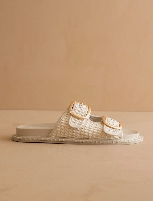 The Daytona Ivory Raffia Gold Buckle Sandals