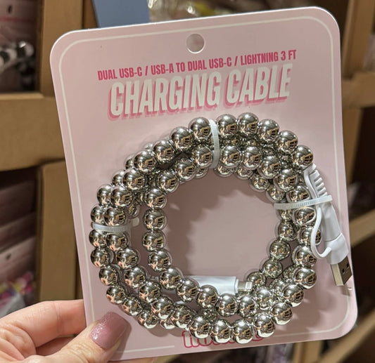 Silver Beaded Charger Cable~ DUAL USB-C / USB-A TO DUAL USB-C / LIGHTNING 3 FT