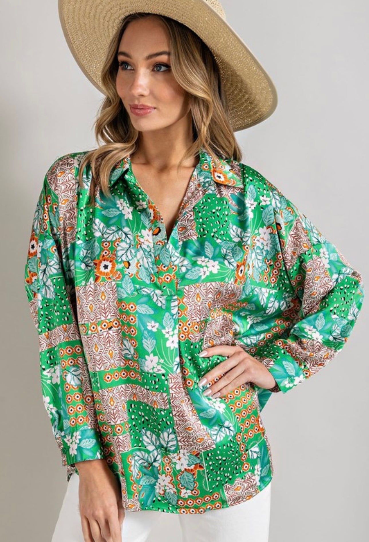 Kelly Green Mixed Print Silk Long Sleeve