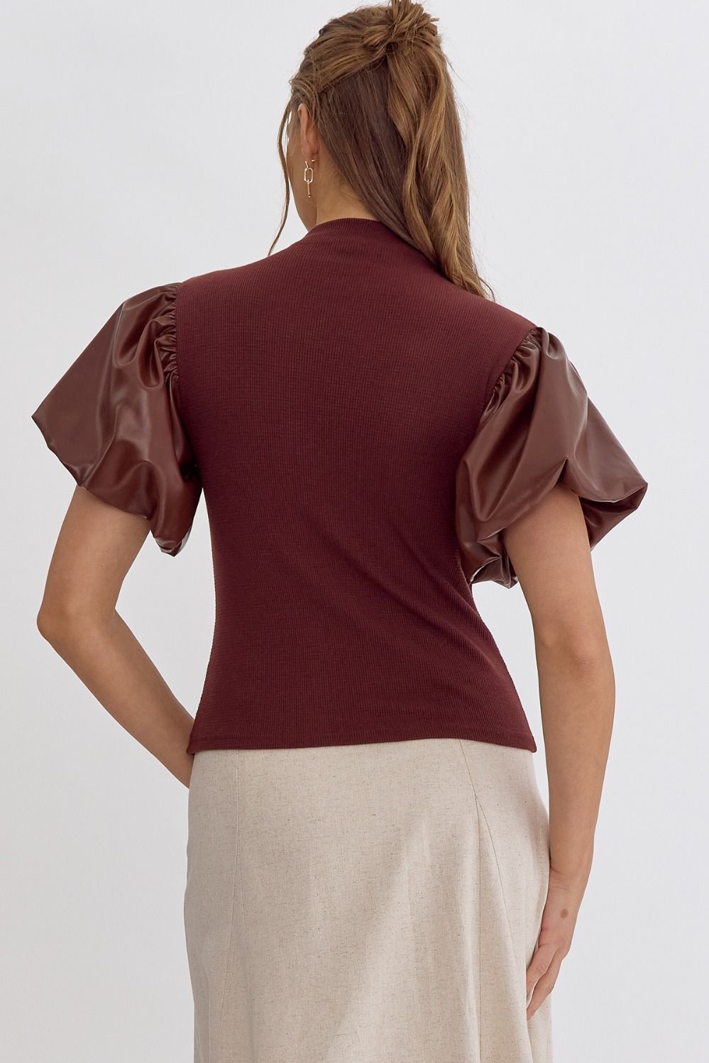 Uptown Charm~ Chocolate Waffle Knit Leather Puff Sleeve Blouse~Entro