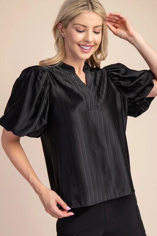 V-Neck Puff Sleeve Blouse-Black