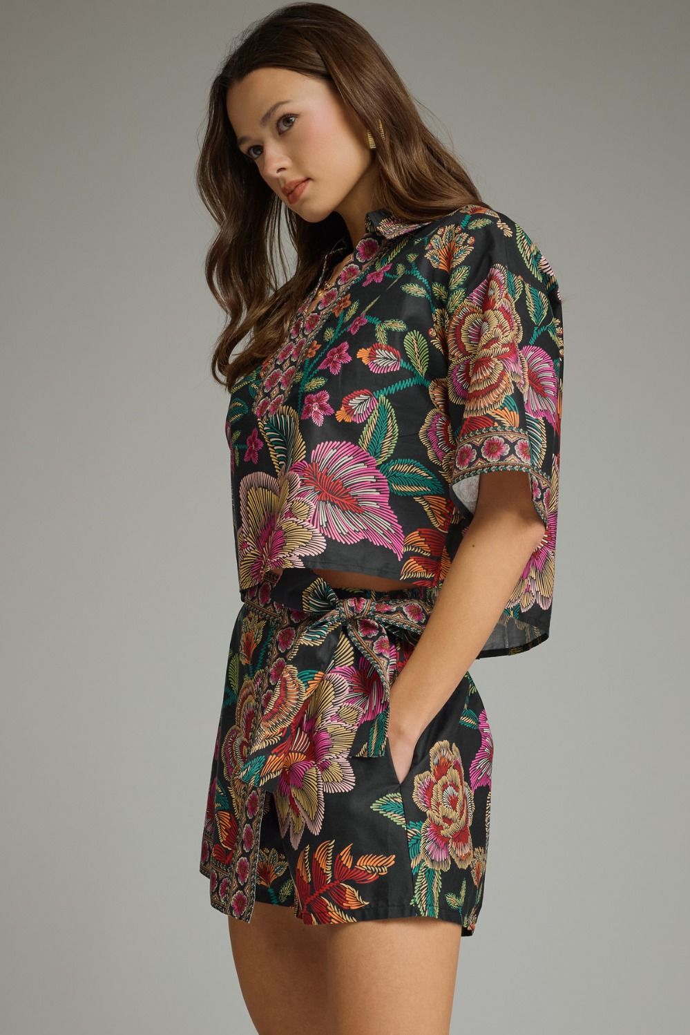Midnight Bloom Collared Blouse & Wrap Skort Set