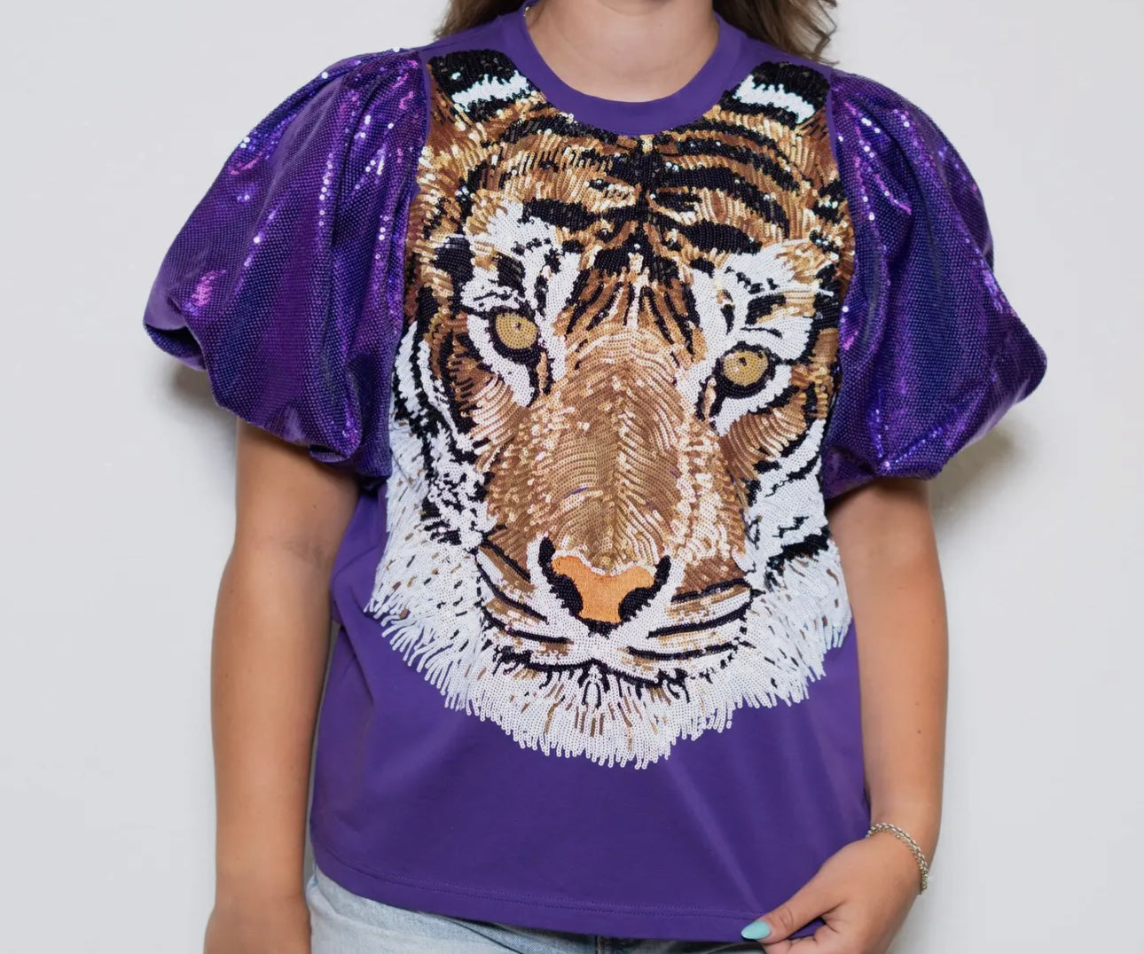 Huge Tiger Fan Sequined Puff Sleeve Blouse