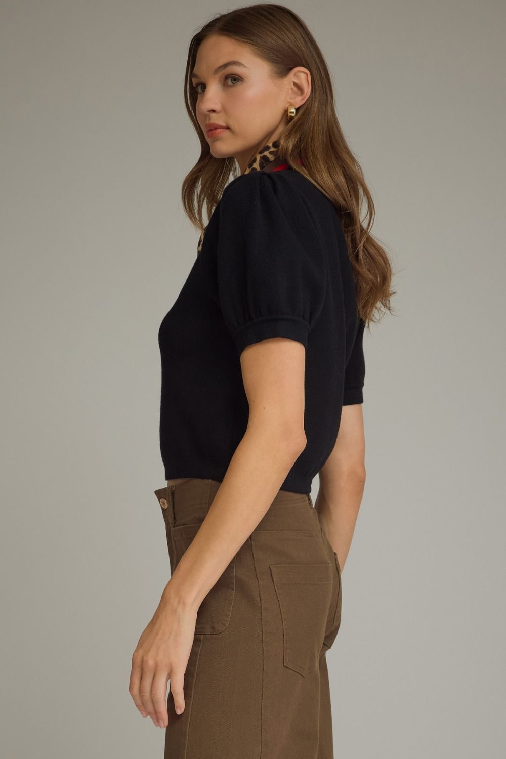 Told You So Black Puff Sleeve Knit Blouse (Scarf Included)