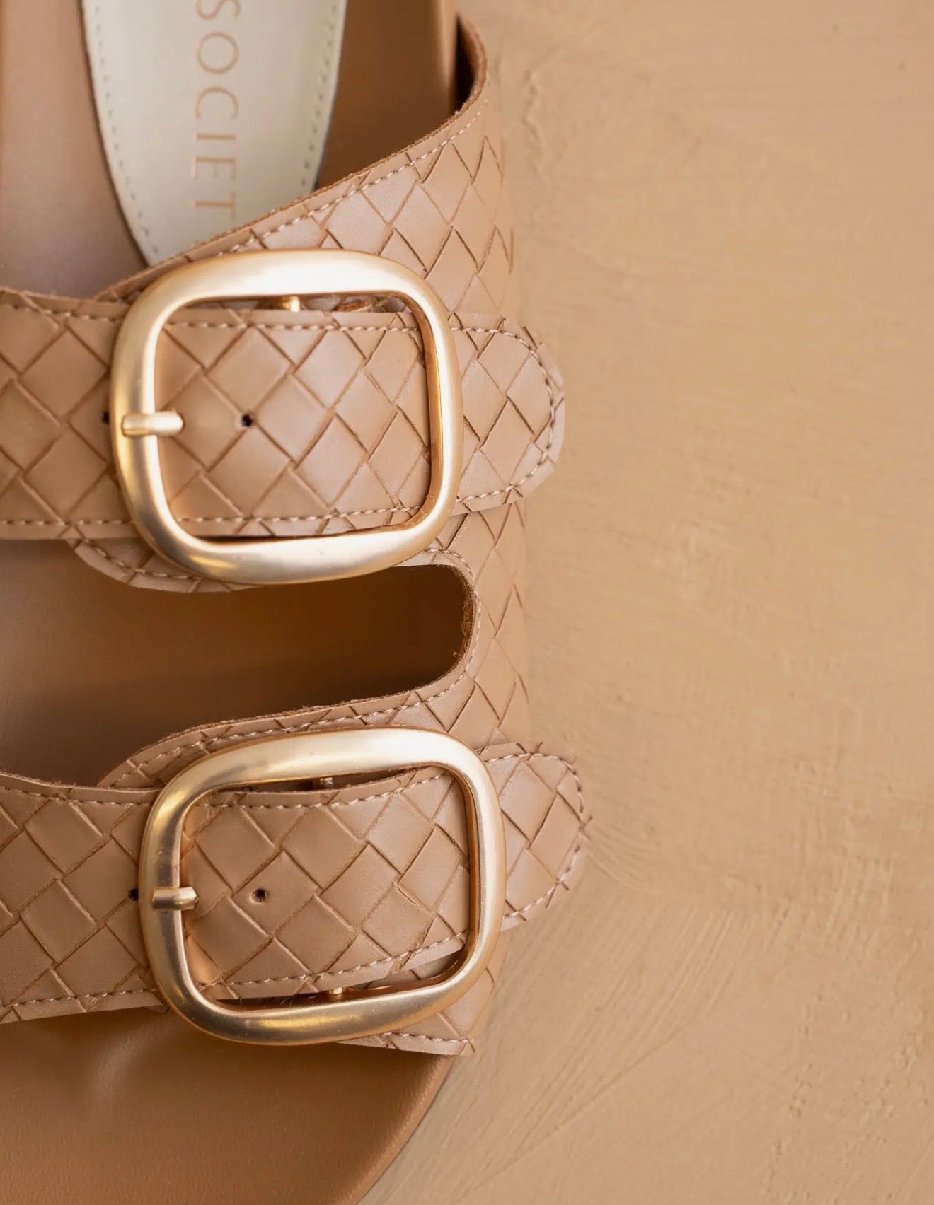 Desiree Almond Woven Slides With Oversized Gold Buckles