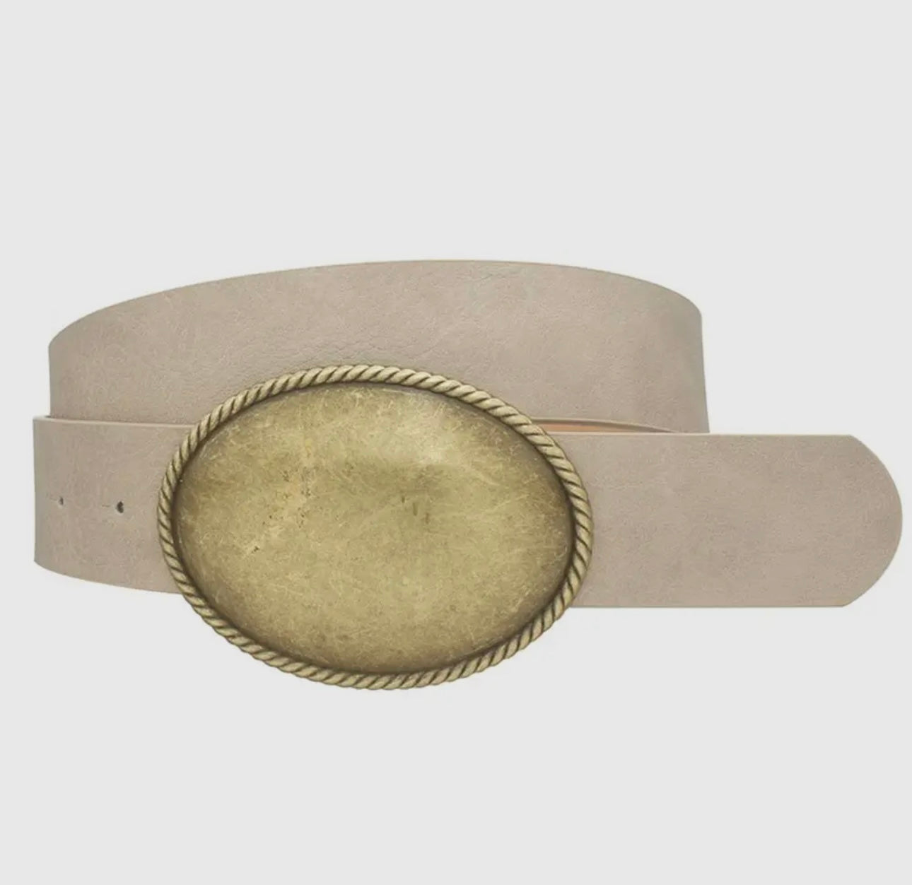 Western Oval Buckle, Faux, Leather Belt-Taupe