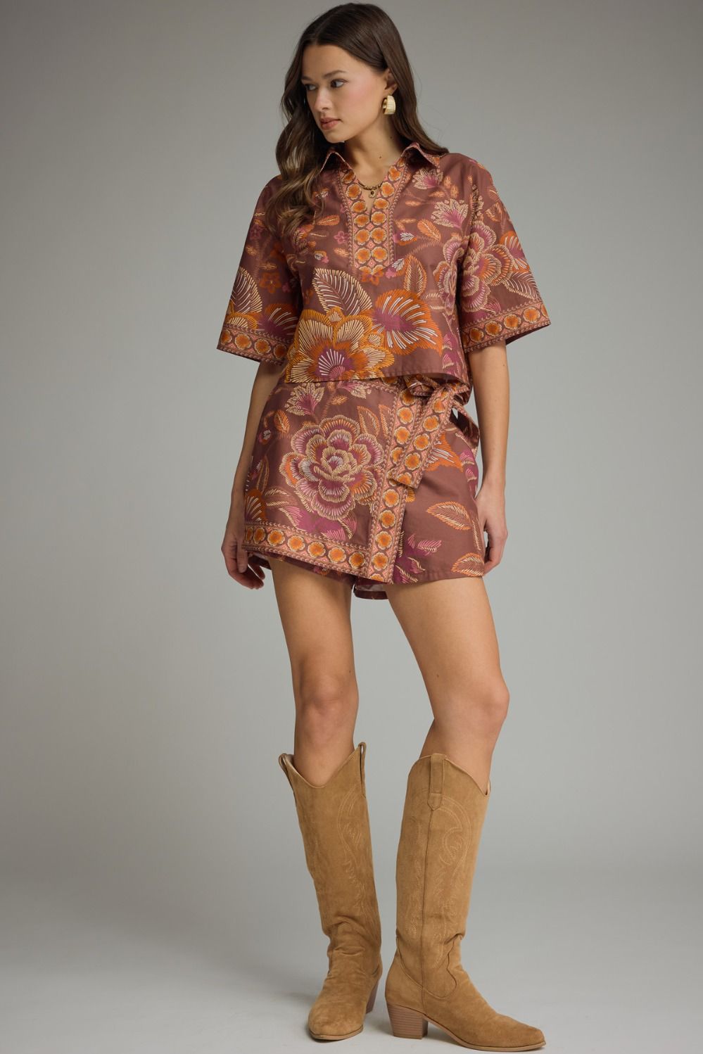 Italy is Calling Terracotta Floral Blouse & Wrap Skort Set