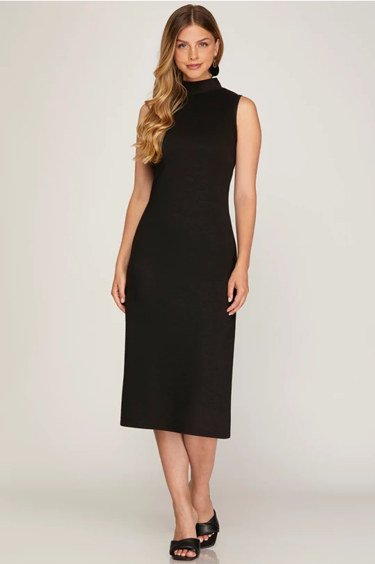 Sleeveless Mock Neck Knit Midi Dress