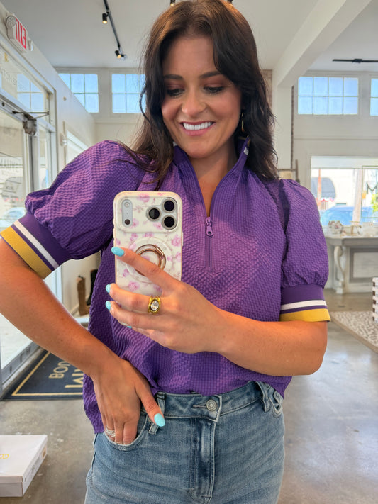 Purple & Yellow Puff Sleeve Blouse