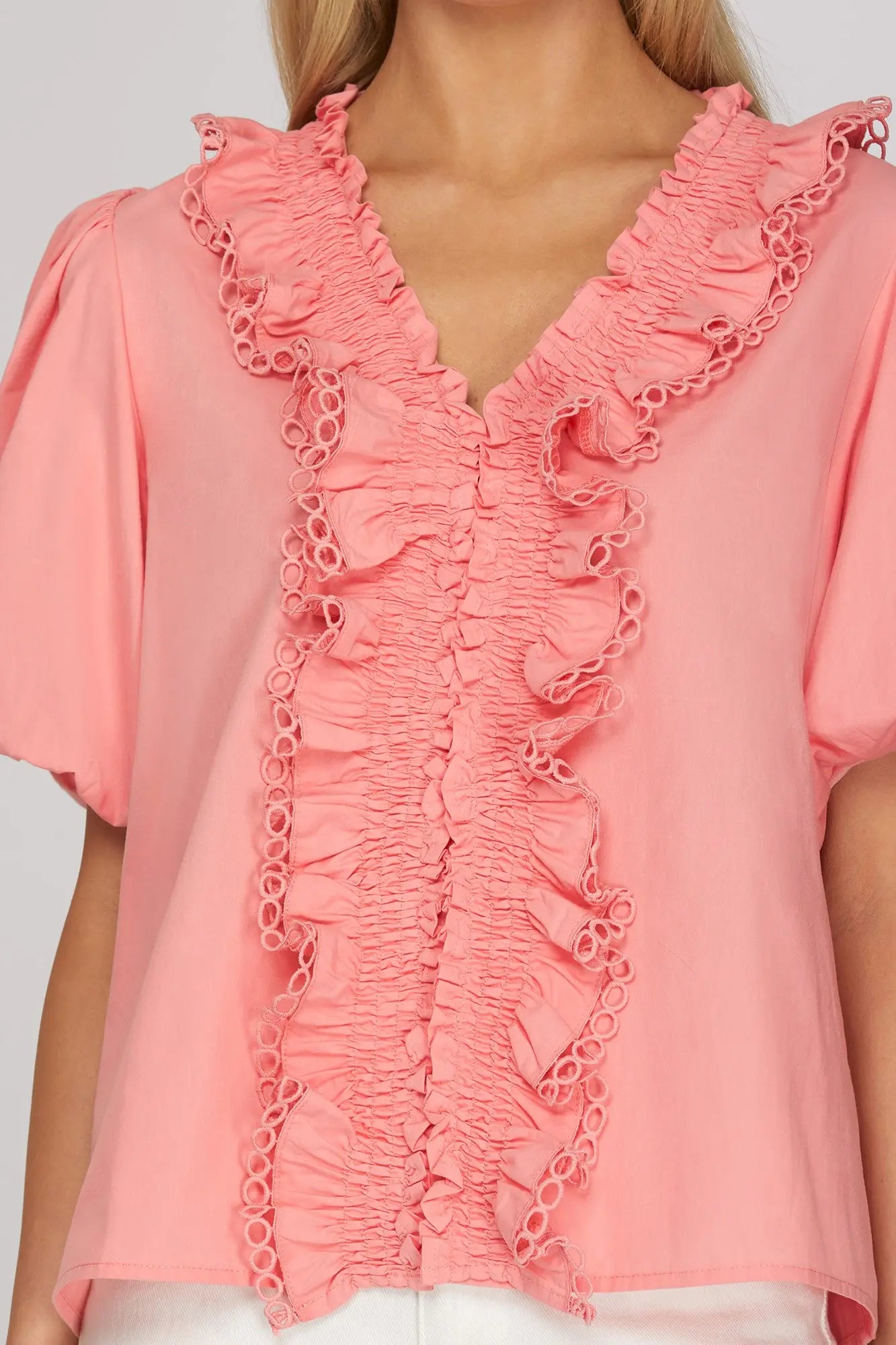 Smocked lace Ruffle Hem Blouse- Bubblegum