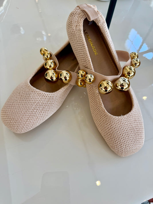 Natural Raffia Ballet Flats with Gold Embellishments