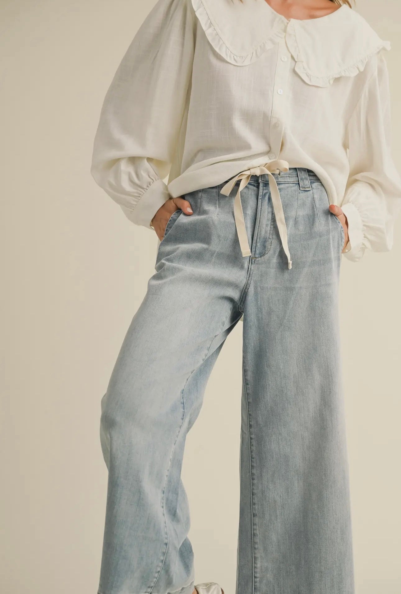 Miou Muse Washed Denim With Tie Front Pants