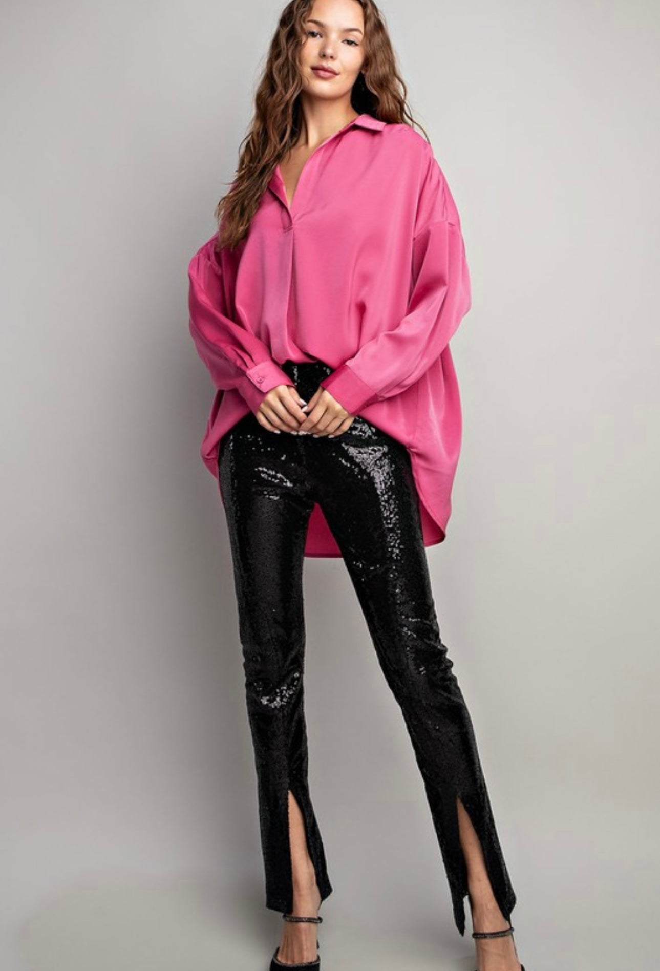 Hot Pink Silk Long Sleeve Top