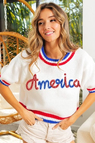 American Pride Short Puff Sleeve Sweater