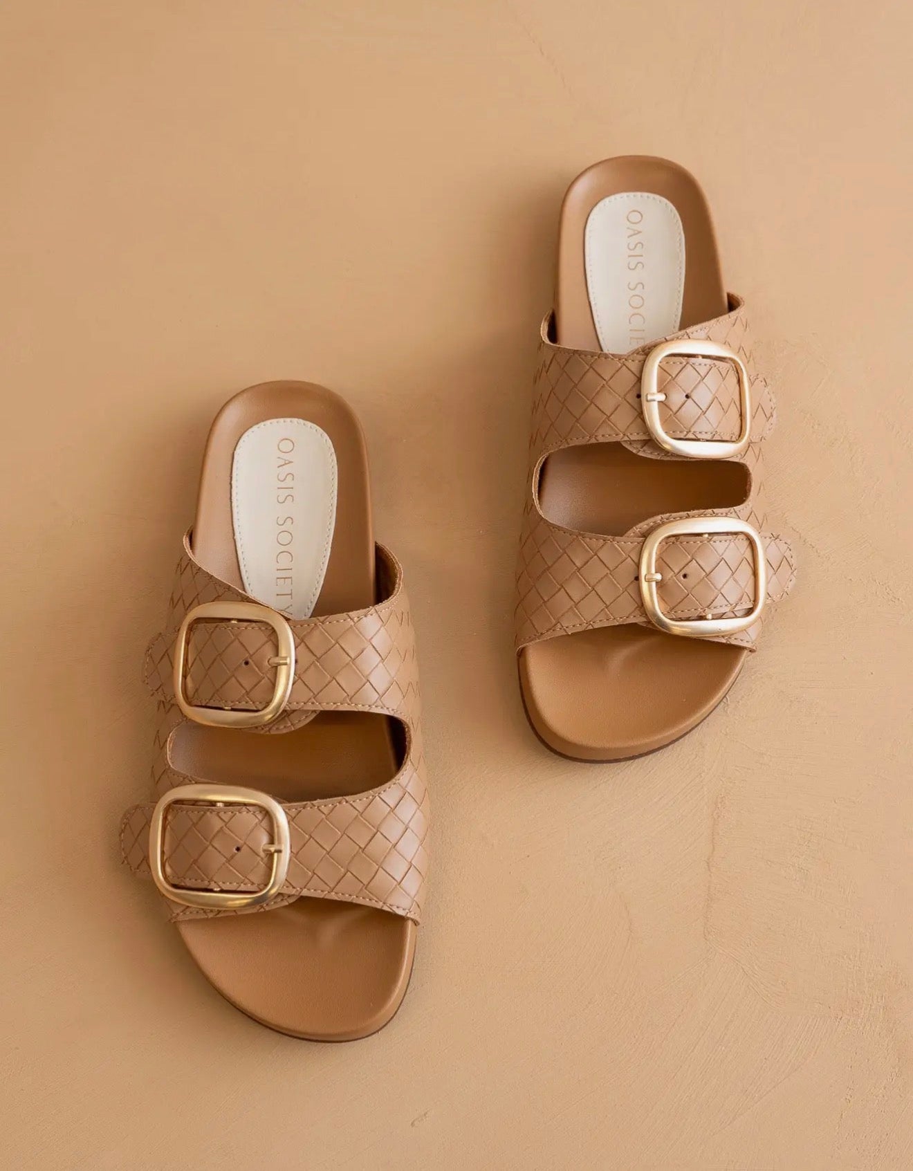 Desiree Almond Woven Slides With Oversized Gold Buckles