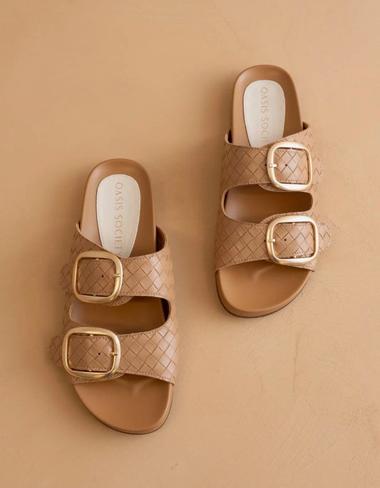 Desiree Almond Woven Slides With Oversized Gold Buckles