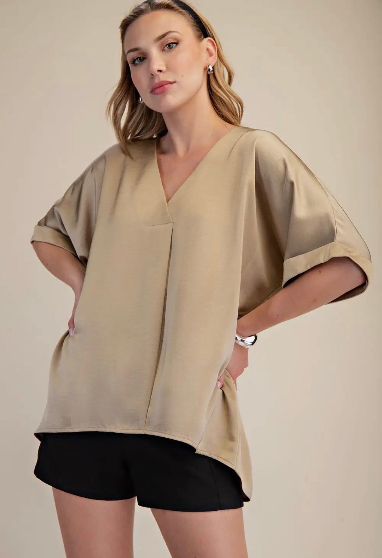Satin V-Neck Blouse~ Taupe