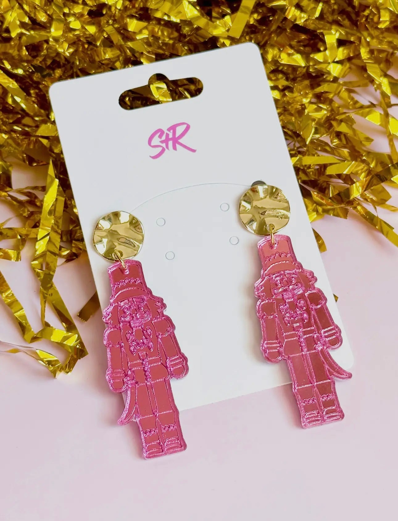 Pink Mirror Nutcracker Dangle Earrings