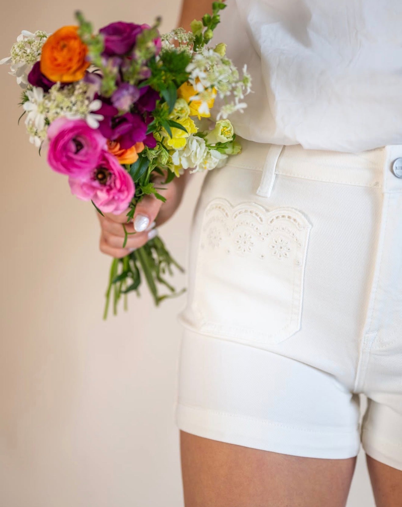 High Rise Shorts With Scalloped Eyelet Embroidered Pockets~ Risen