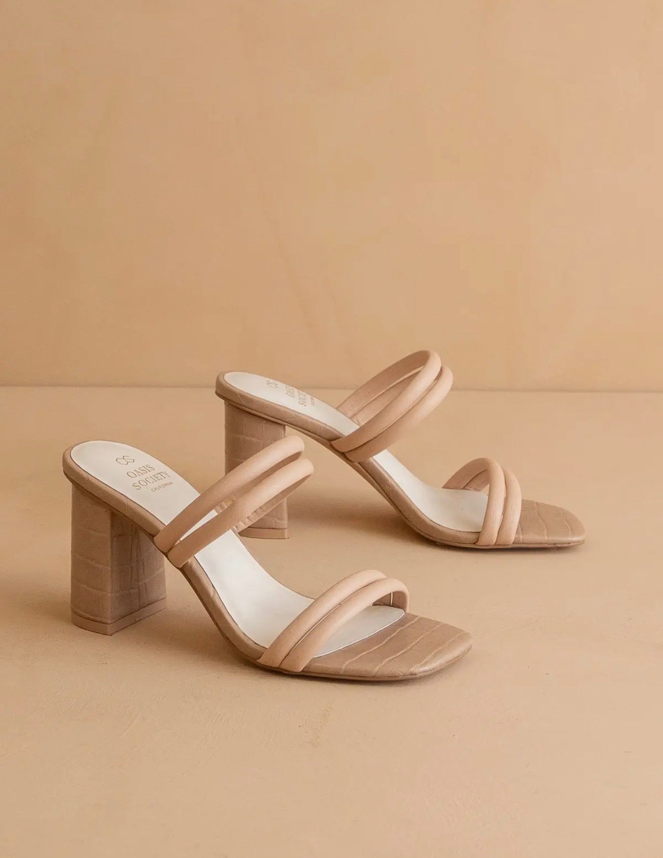 The Angela Nude Strappy Alligator Block Heels