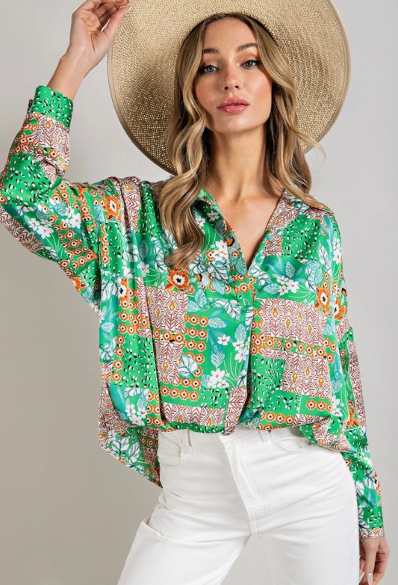 Kelly Green Mixed Print Silk Long Sleeve