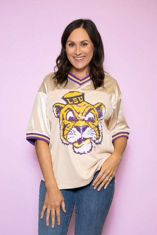 | Lsu Vintage Geaux Mike (Licensed) | Women's Sequin Design Jersey (Champagne)
