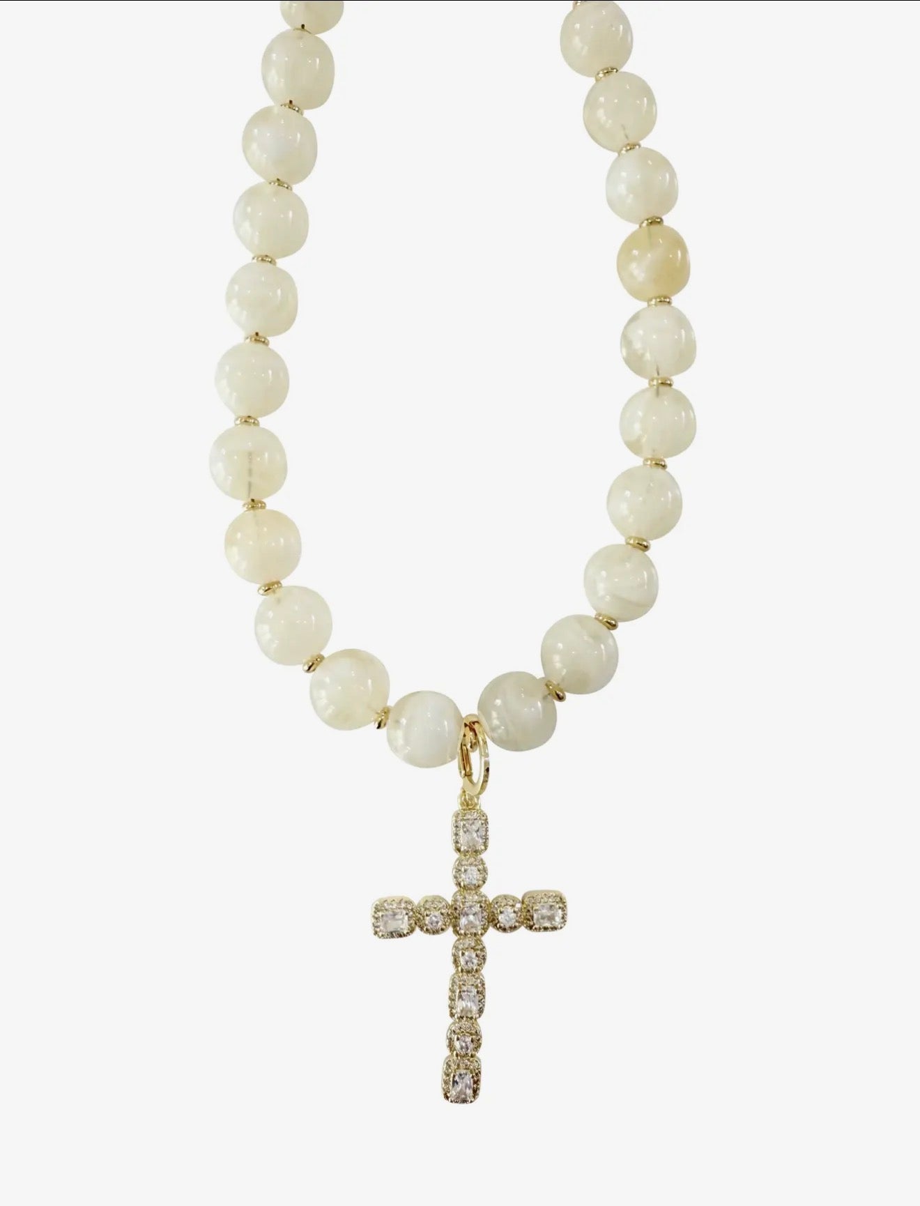 Camden Cream Beaded Necklace with Cz Cross