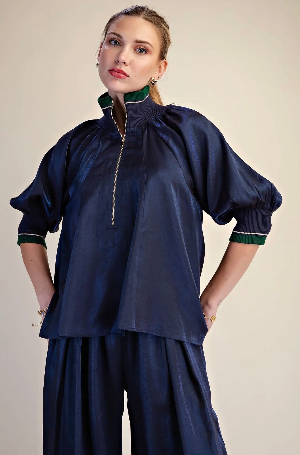 Southern Charm Puff Sleeve Blouse~Navy