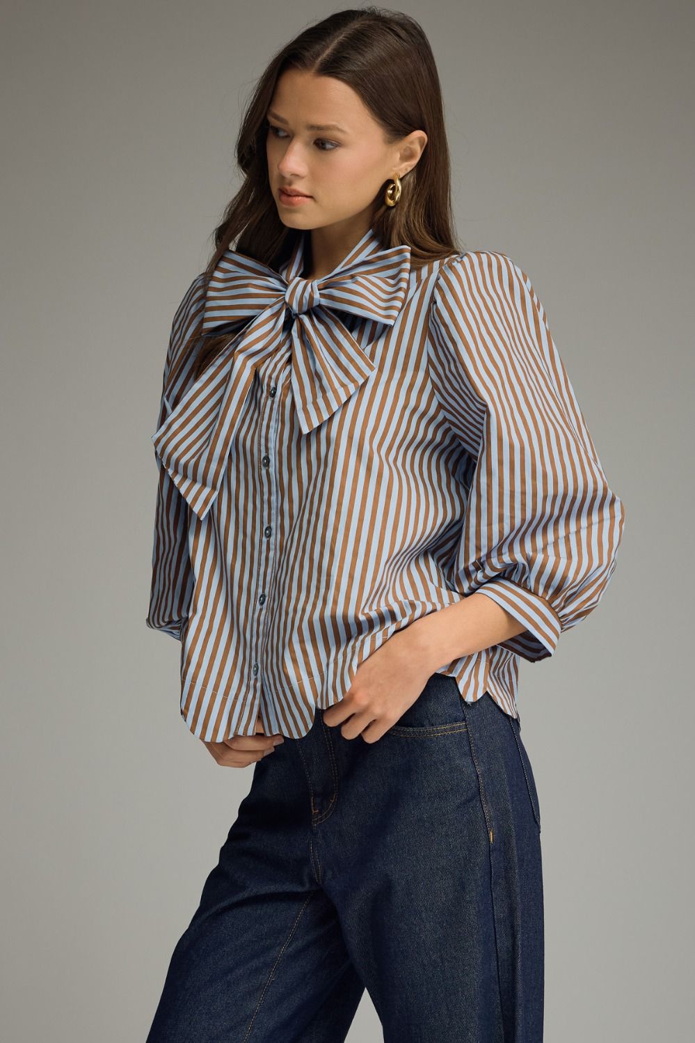 Uptown Allure Striped Blue & Brown Bow Blouse