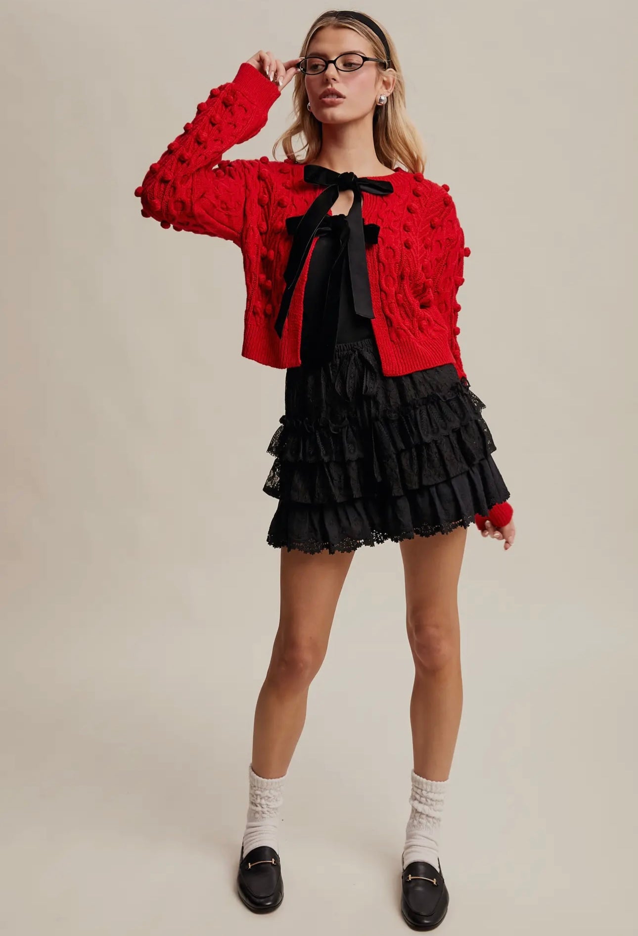 Pom Cable Knit Tie Velvet Bow Cardigan Red/Black