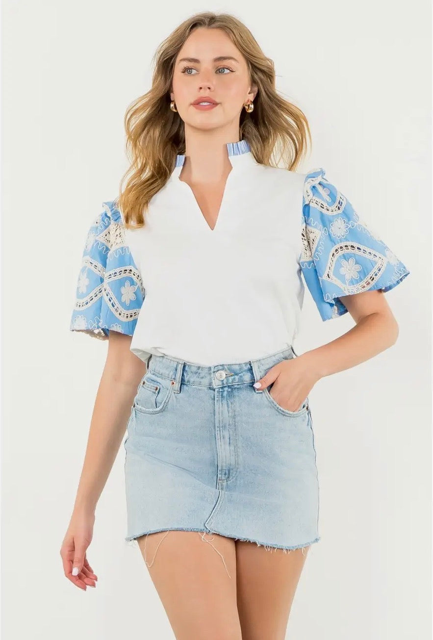 Blue Skies Embroidery Detail Poplin Sleeve Blouse~ THML