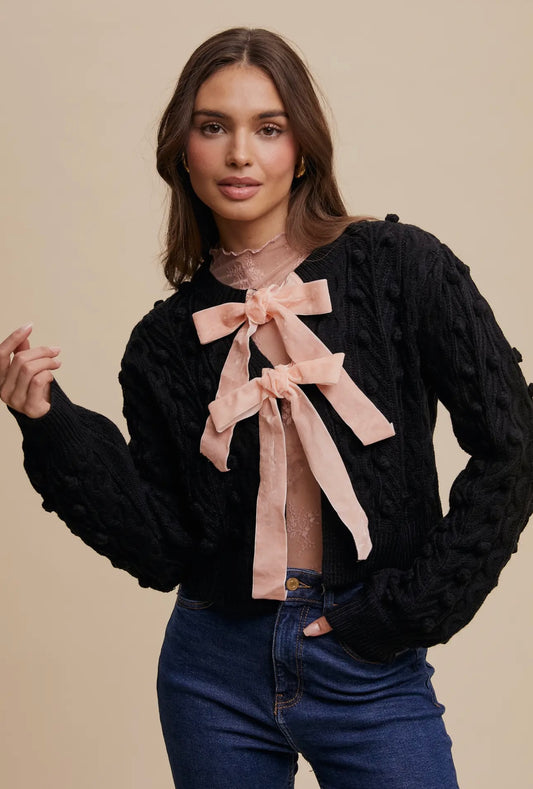 Pom Cable Knit Tie Velvet Bow Cardigan Black/Pink