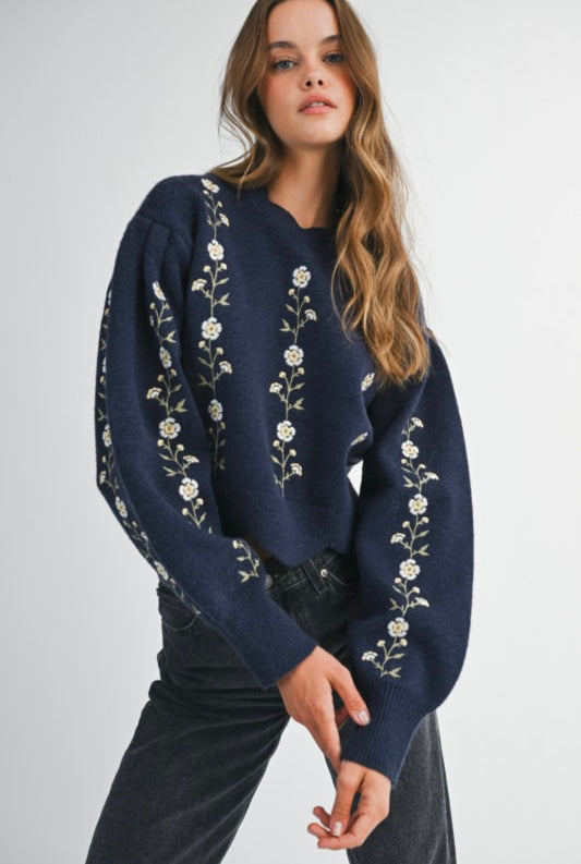 Southern Charm Embroidered Knit Sweater Navy