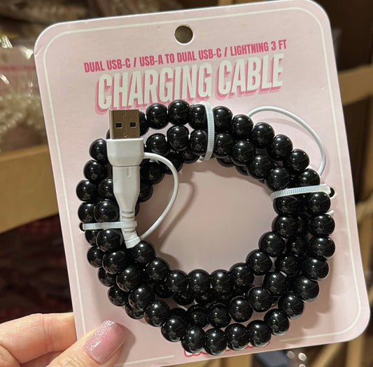 Black Beaded Charger Cable~DUAL USB-C / USB-A TO DUAL USB-C / LIGHTNING 3 FT