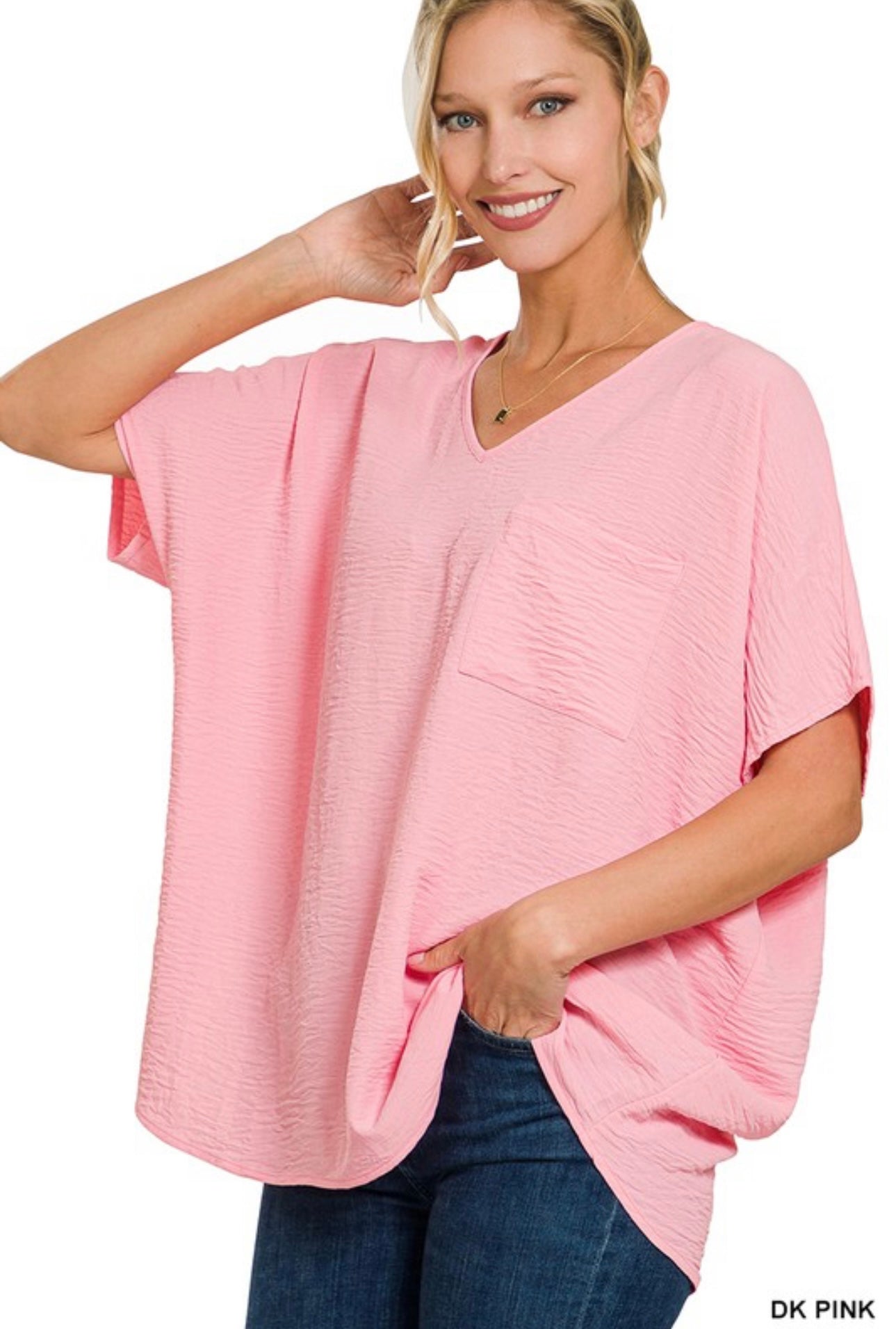 Woven V Neck Top- Dark Pink