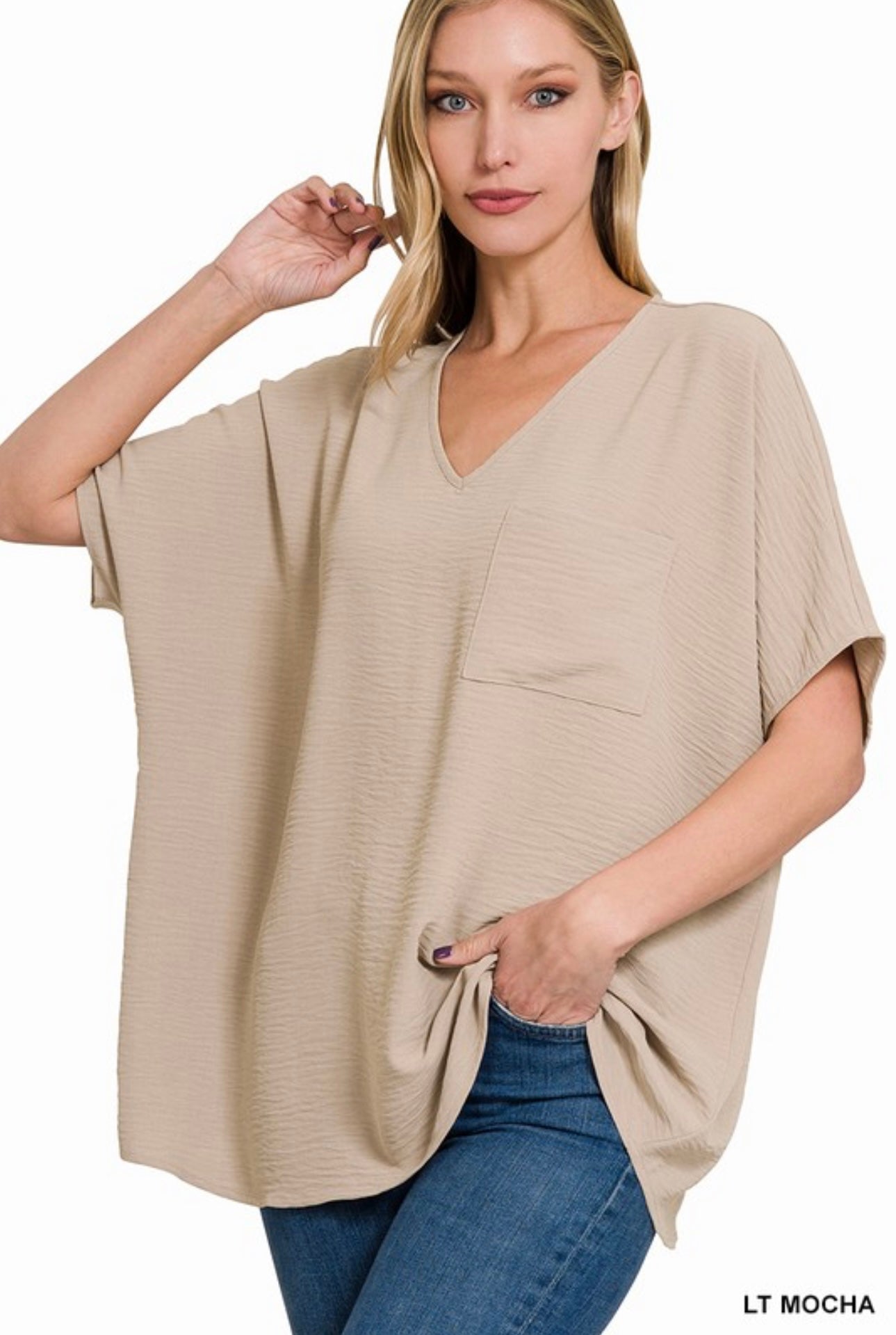 Woven V-Neck Top- Light Mocha