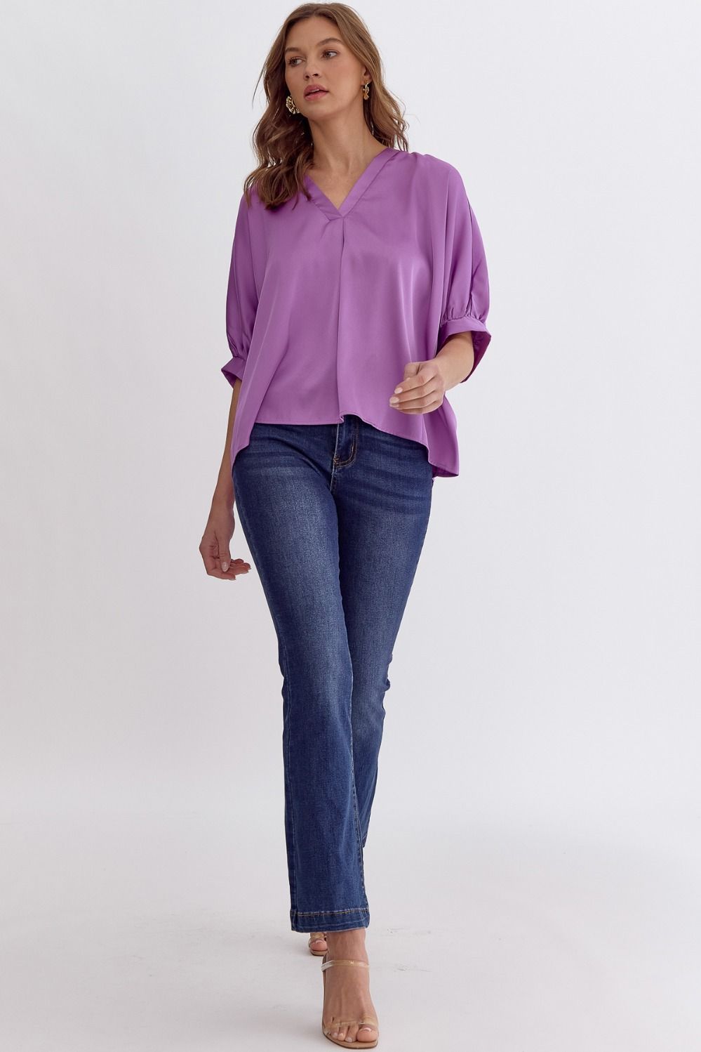 Satin V-Neck 1/2 Sleeve Top- Violet