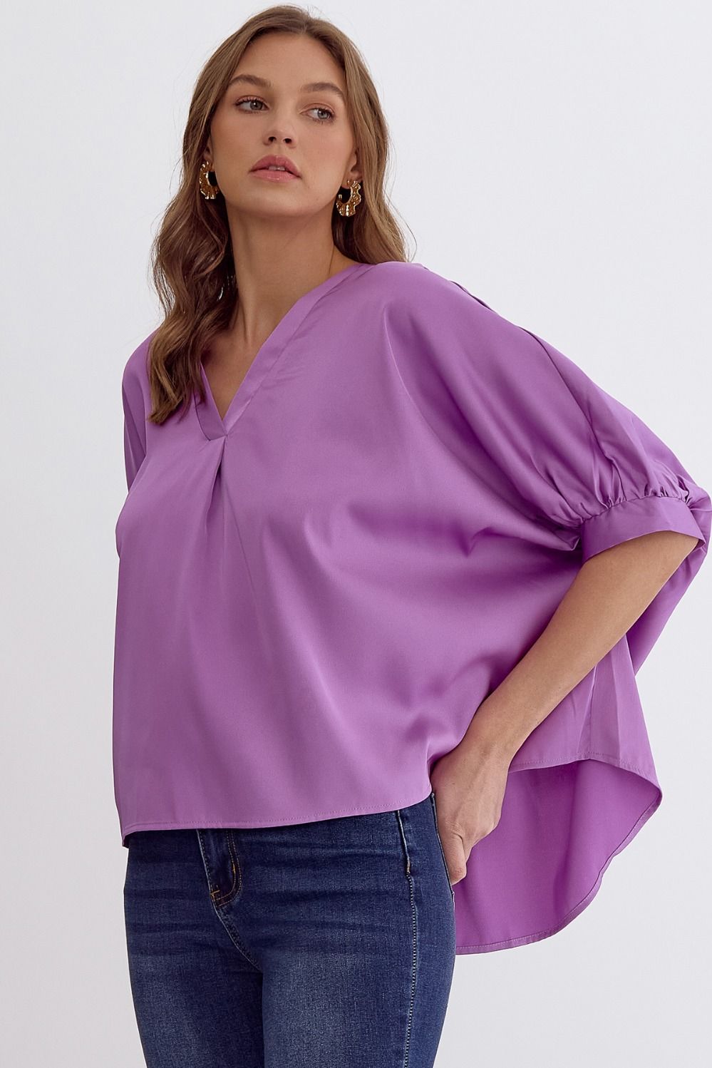 Satin V-Neck 1/2 Sleeve Top- Violet