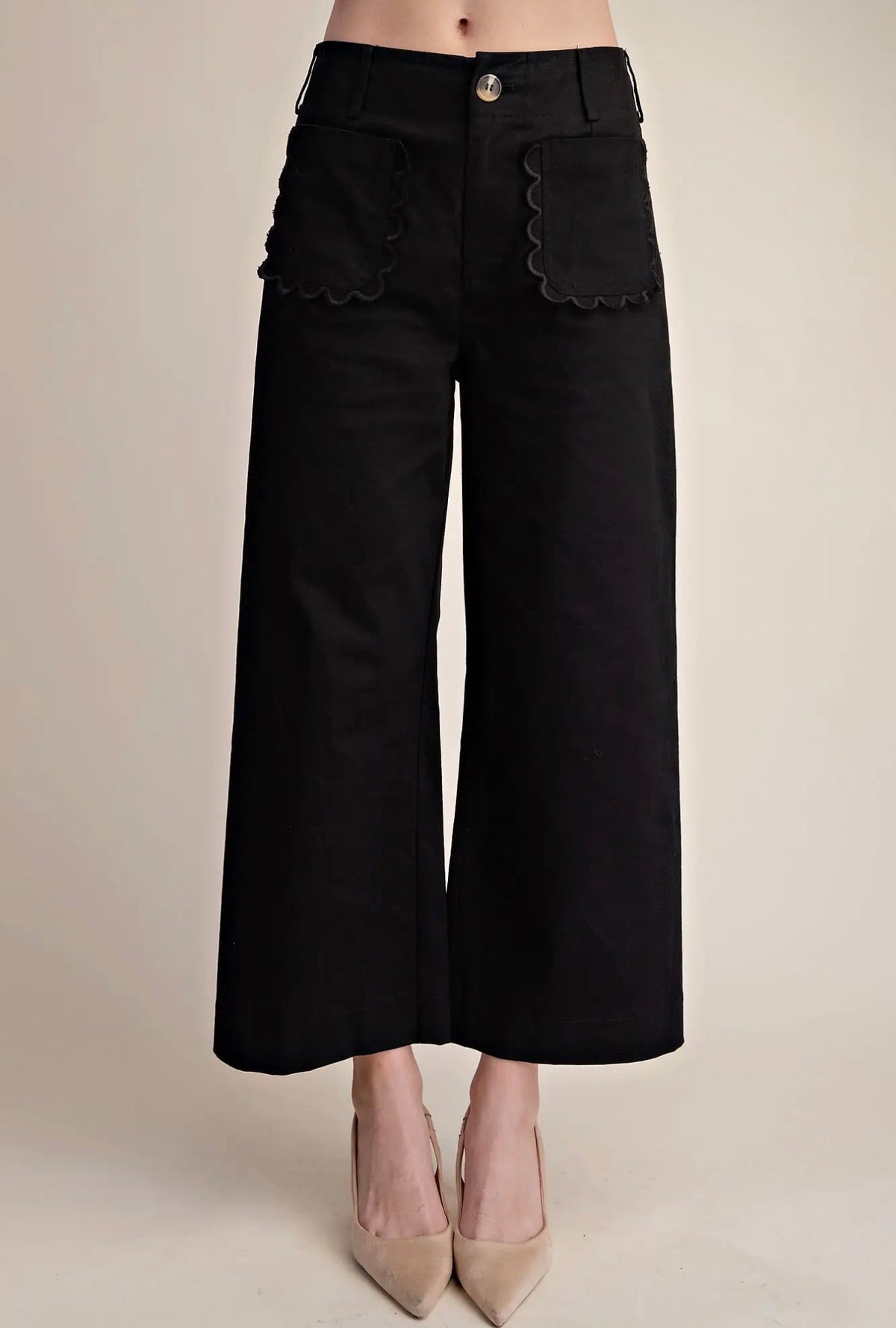 Wide~Leg Scalloped Pocket Detail Pants~ Black