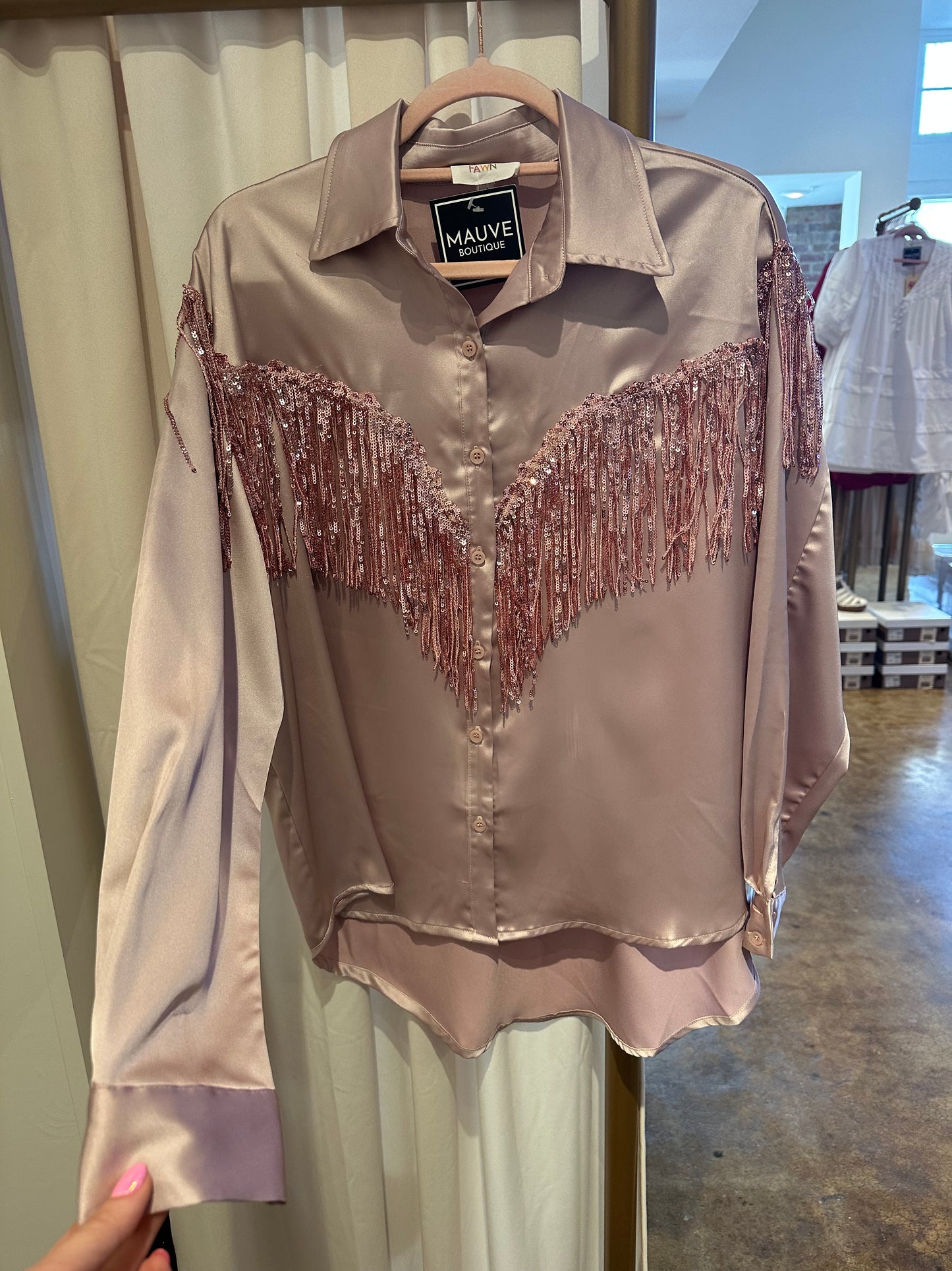 Champagne Satin Sequin Fringe Blouse