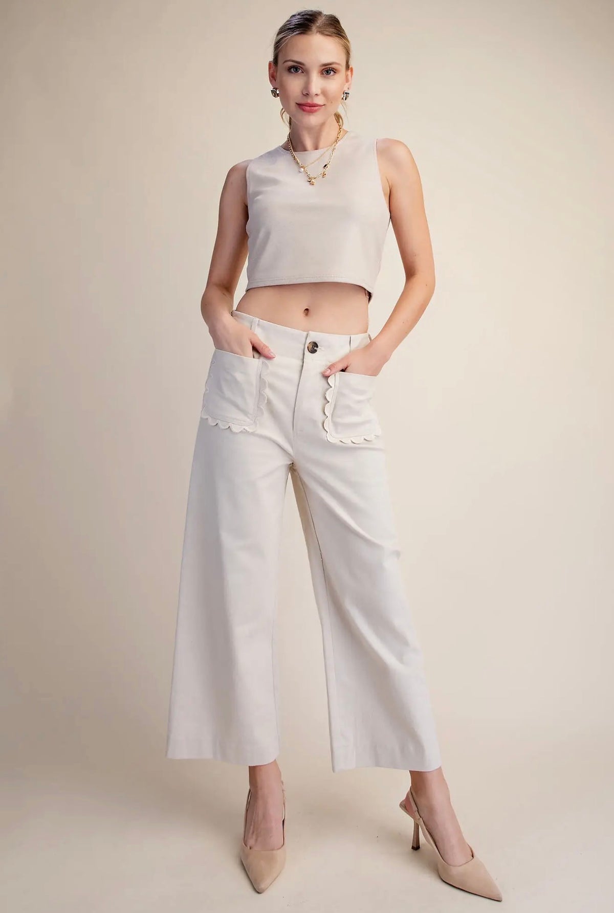 Wide~Leg Scalloped Pocket Detail Pants~ Cream