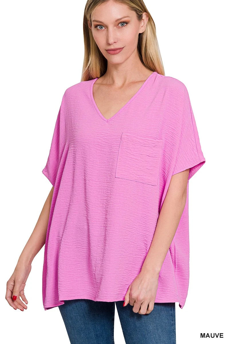 Woven V Neck Top- Mauve