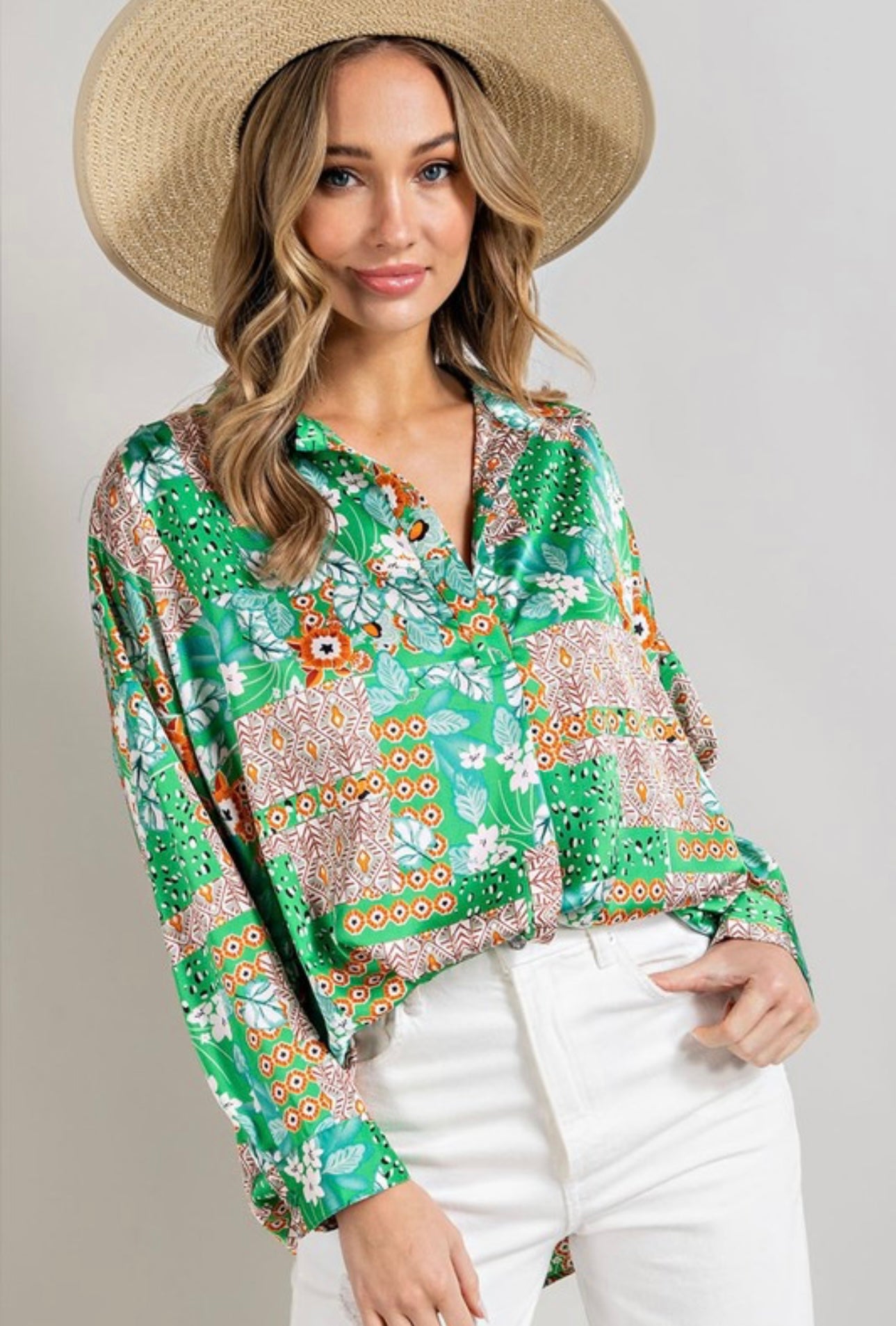 Kelly Green Mixed Print Silk Long Sleeve